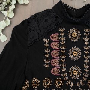 Mock Neck Lace Black Embroidered Dress